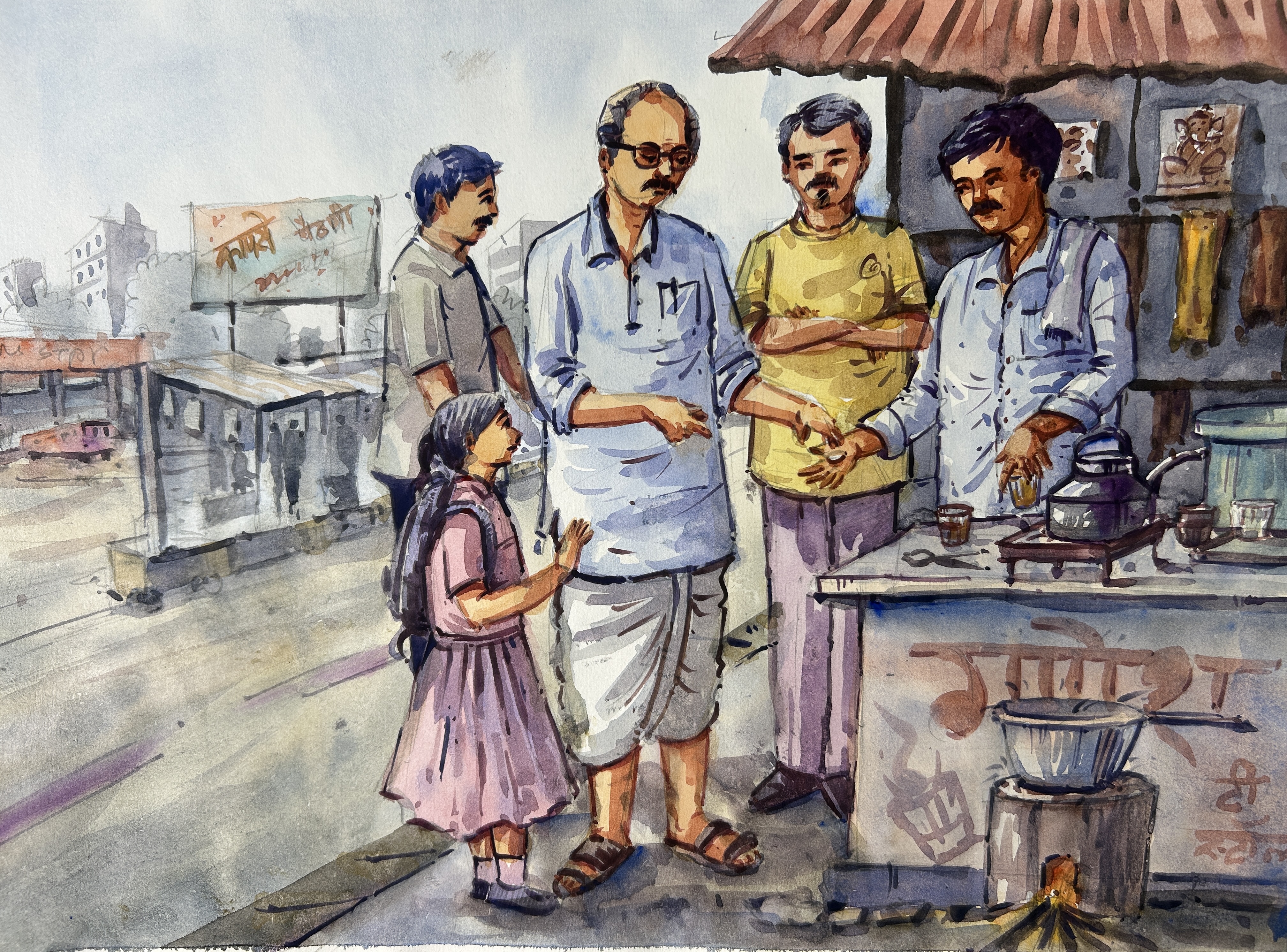 Watercolour street scene artwork for online art classes